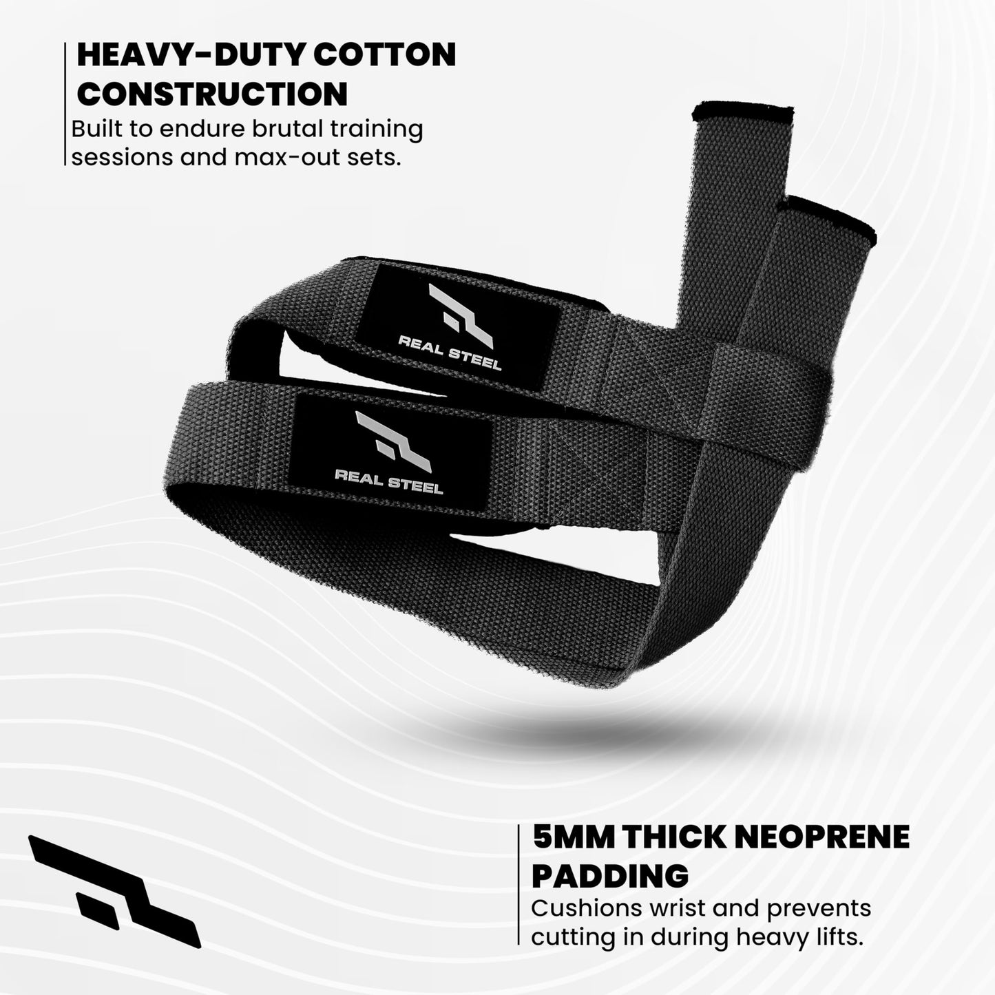 Real Steel Lifting Wrist Straps for Weightlifting - 24" Cotton Weight Lifting Straps for Men and Women for Deadlifts, Bodybuilding, Powerlifting - Padded Neoprene Gym Hand Grips - Black