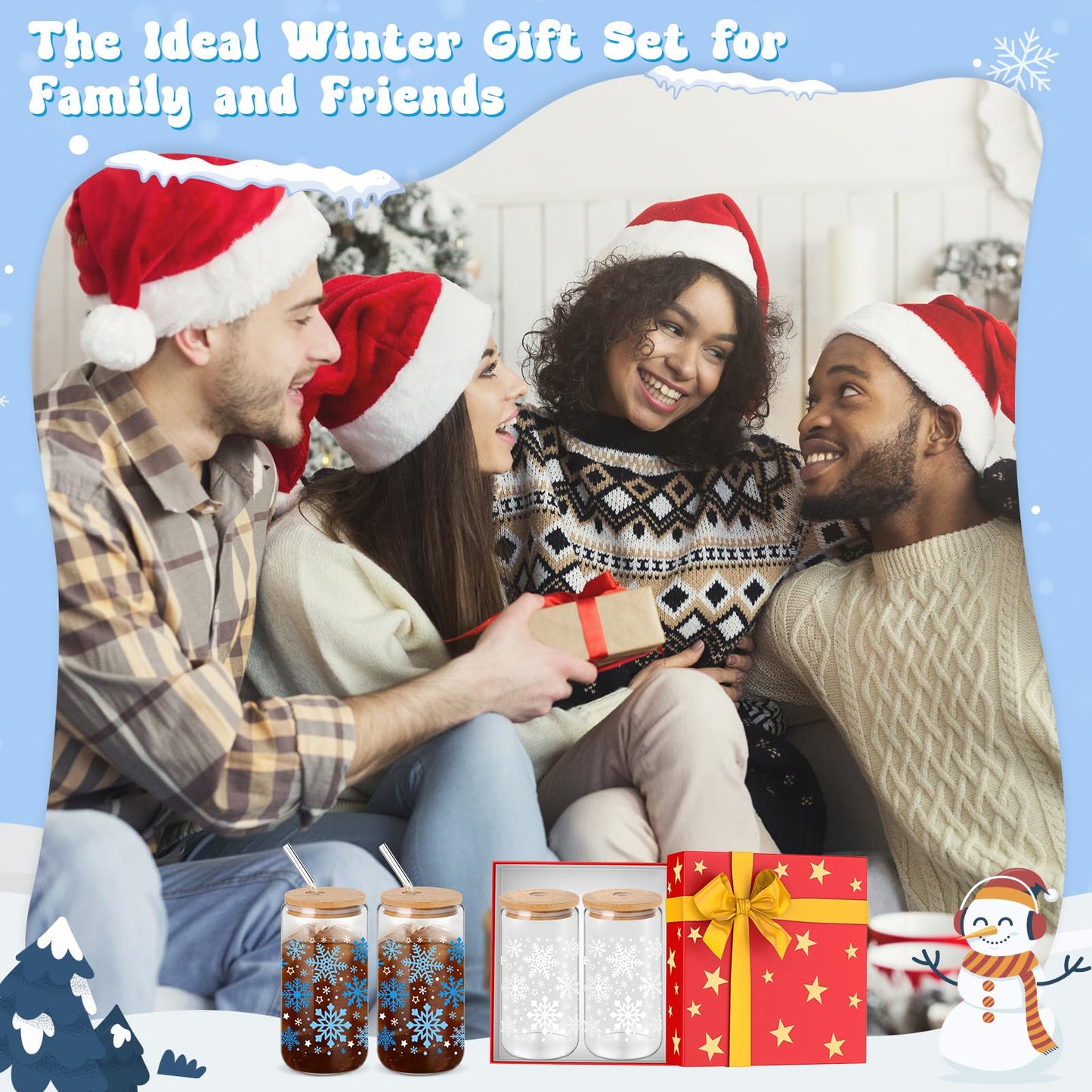 Yetene 24 Pack Snowflake Glass Cups Gifts 16 oz Color Changing Winter Glass Tumblers with Lids Straws Brushes Snowflake Lights Iced Coffee Cups for Women Men Employee Coworkers Holiday Party Favors