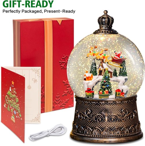 Christmas Snow Globes Lantern - Musical Winter Village Scene with Swirling Glitter | USB/Battery Powered, 6-Hour Timer