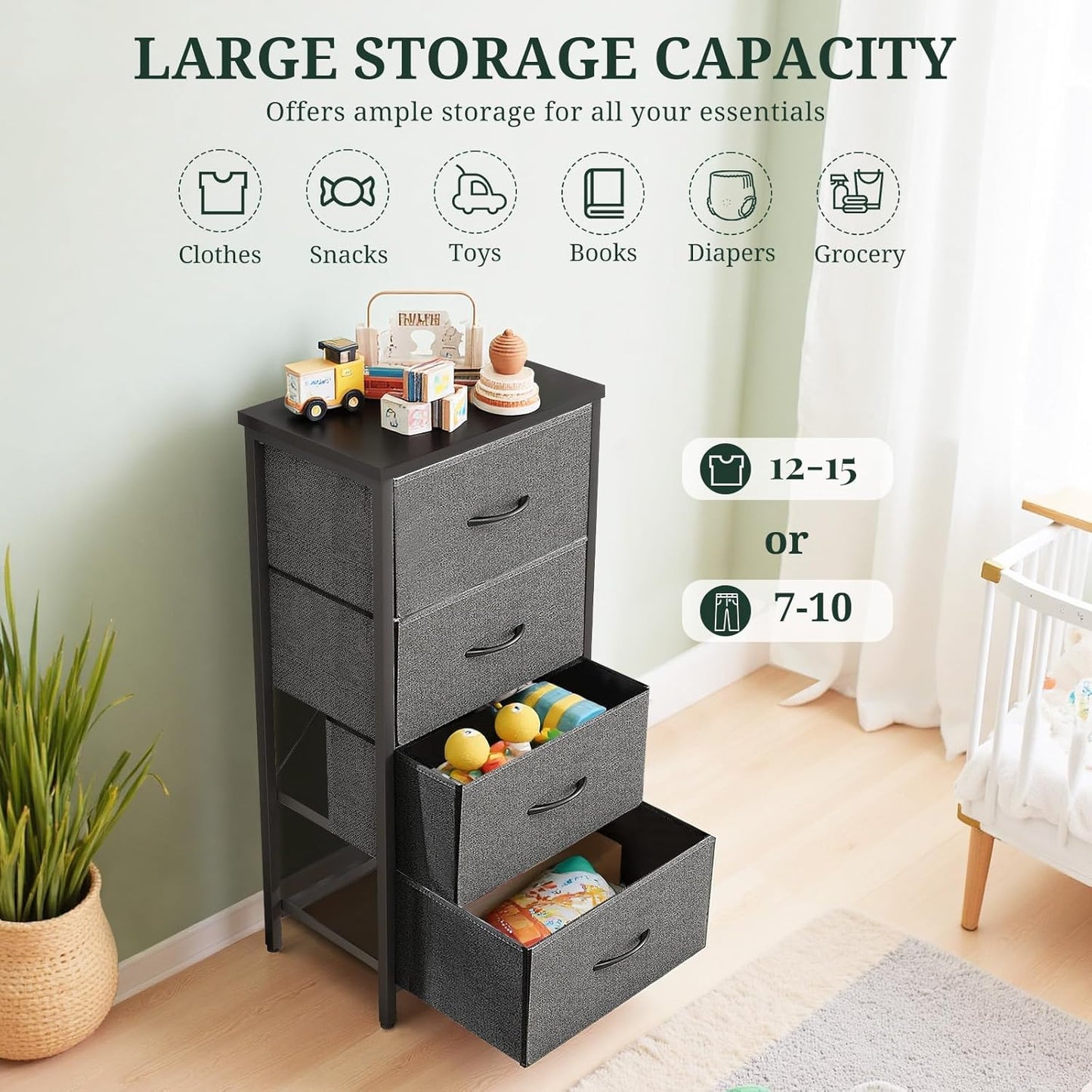 Regine Switzerland Nightstand - 4 Drawer Dresser with Wooden Top & Steel Frame | Gray Fabric Bins for Bedroom & Living Room
