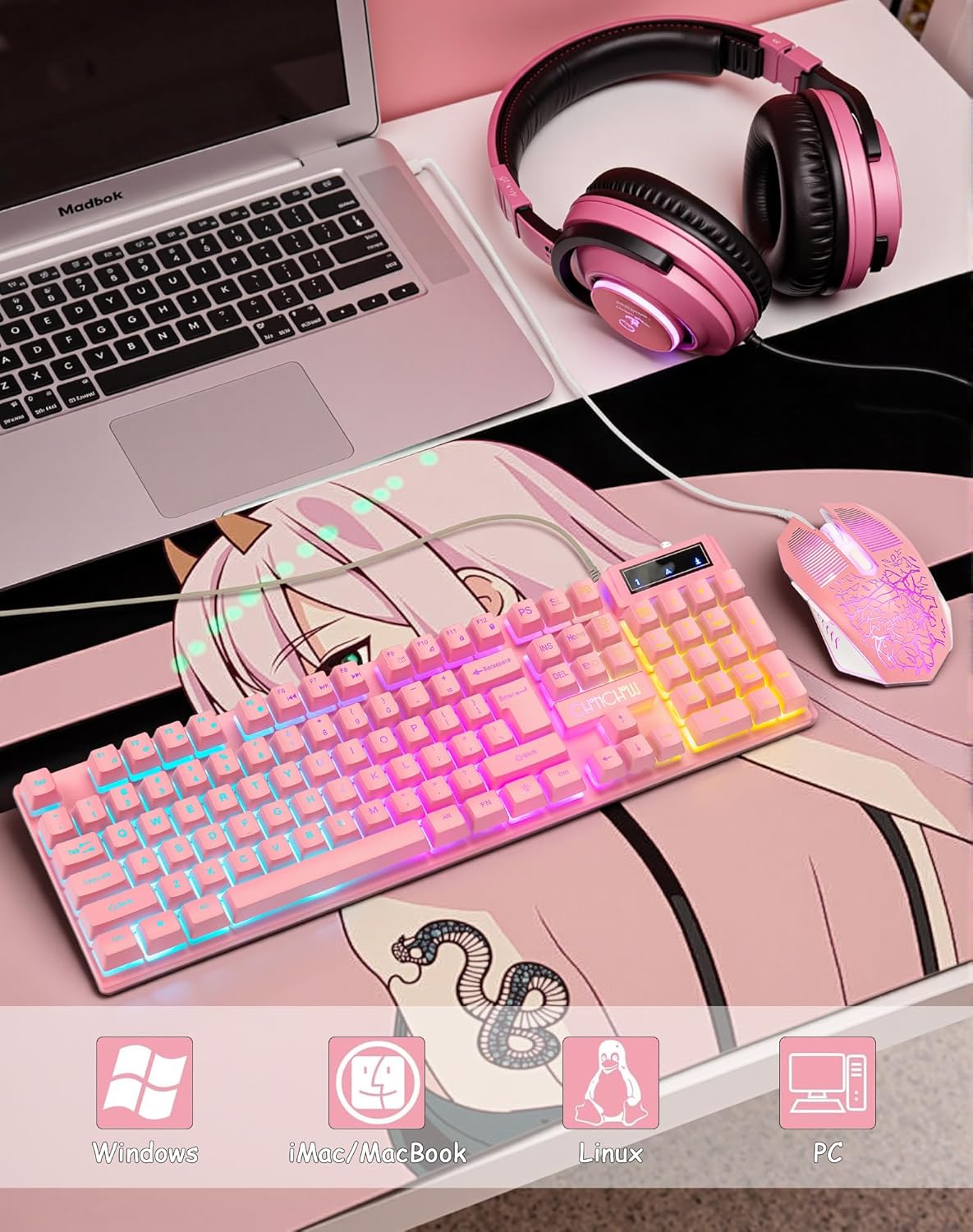 CHONCHOW 104 19 3 Light Up Cute Pink Gaming Keyboard, Keys Full Size, Number Pad, Keys Anti-Ghosting, Multimedia
