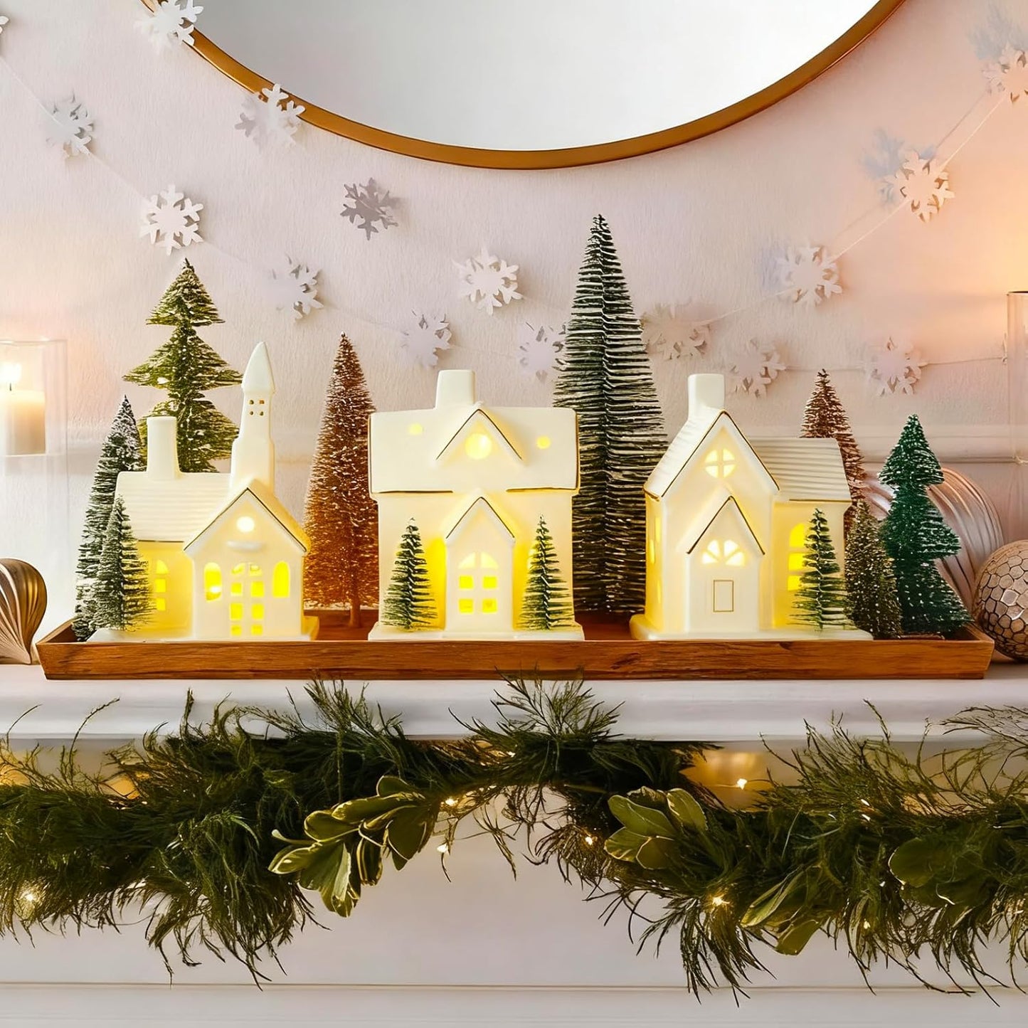 Skiennix White Ceramic Christmas Village Houses Set - 3 Light-Up Figurines with 4 Trees for Holiday Decor