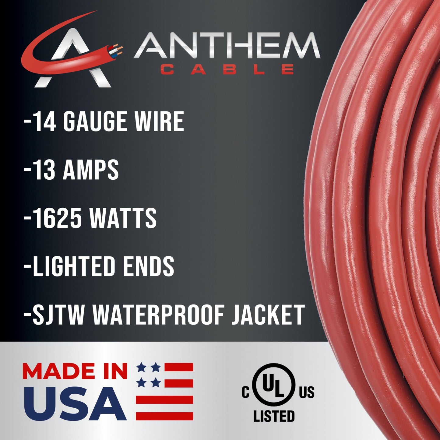 100 ft - 14 Gauge Extension Cord Outdoor - Made in USA - Lighted on Both Ends - Red Outdoor Extension_Cord Waterproof by Anthem Cable - Heavy Duty ExtensionCord 100 ft 13 Amp Extension