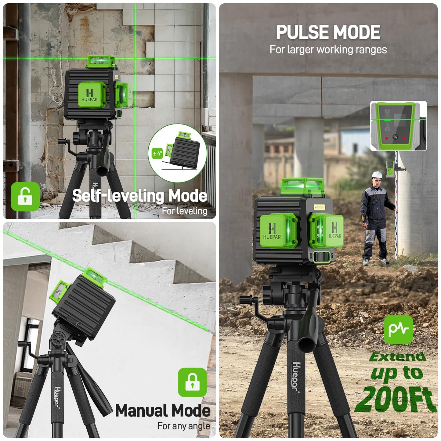 Laser Level 360 Self Leveling with 50" Tripod, Huepar 3x360° High Brightness Green Laser Leveler Tool for Construction, Tile and Picture Hanging, 5200 mAh Li-ion Battery & 2 Portable Bag Included