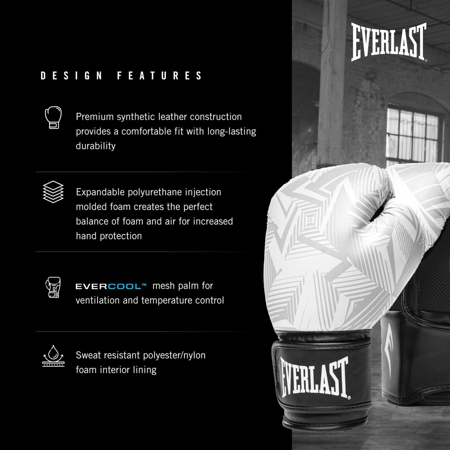 Everlast Spark Boxing Gloves | Training Gloves for Men and Women | Secure Fit Hook and Loop with Wrist Support | Heavy Bag & Fitness Training (14 oz | WHT Geo)