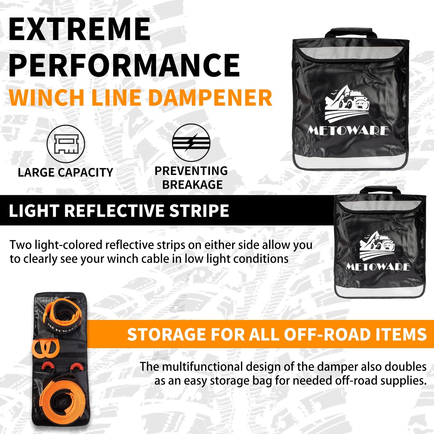 METOWARE Offroad Recovery Kit - 3" x8' Tree Saver, 3" x20' Tow Strap, 10 Ton Heavy Duty Snatch Block Pulley, 2pk 3/4" D Ring Shackles and Winch Line Dampener Bag