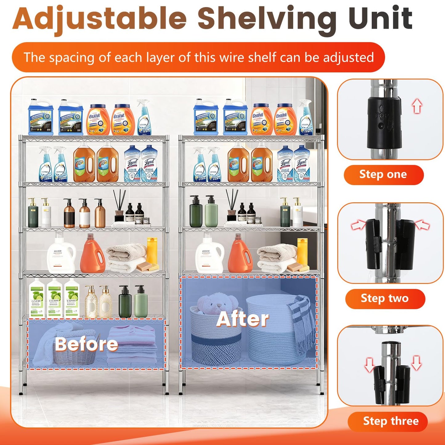 BestOffice | 6-Tier Wire Storage Shelves with Wheels | 18x45x82 | Chrome | Adjustable Racks | Heavy-Duty Metal Shelf, Holds Upto 2100 lbs | No-Tool Assembly | Ideal for Home & Garage Shelving
