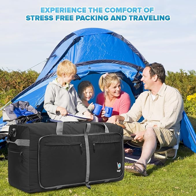 Bago Big XXL Foldable Duffel Bags for Traveling Women & Men - 140L Packable Duffle Bag for Travel with Shoe Compartment - Water Repellant, Heavy Duty, Lightweight Folding & Collapsible (Black)