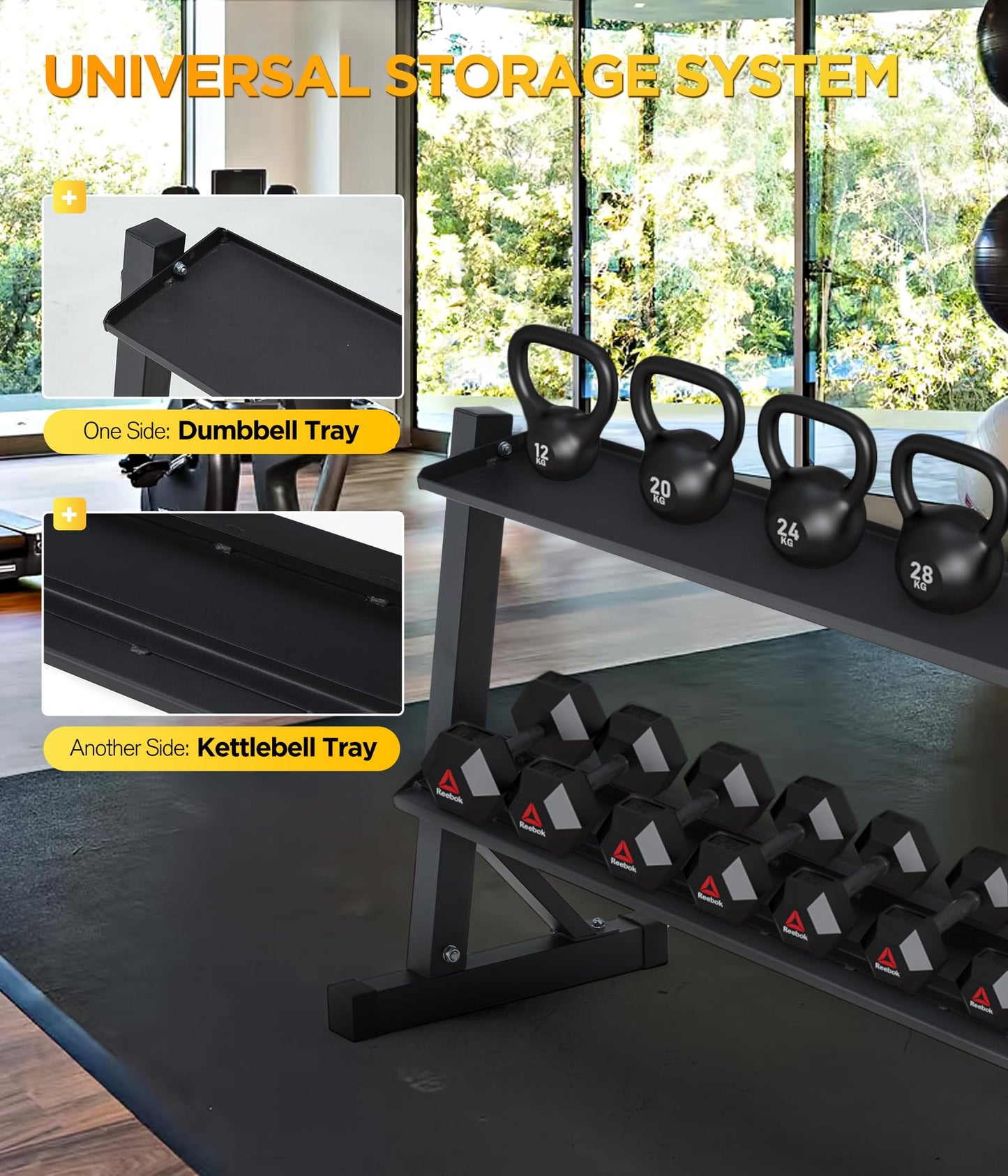 2-Tier Dumbbell Kettlebell Rack, Heavy Duty Steel Frame, 48 x 17.5 x 27.5 Inches, 1000 lbs Weight Capacity, for Kettlebell and Free Weight Storage, Home Gym Organization