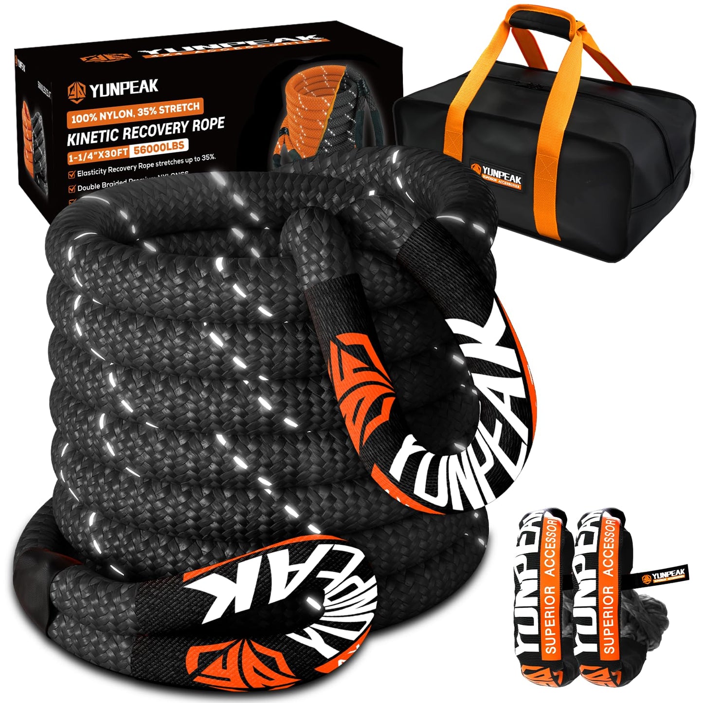 YUNPEAK 1.26" x 30ft Heavy-Duty Kinetic Recovery Rope – 56,000lbs Break Strength – Includes 2 Ultra-Strong UHMWPE Soft Shackles – Ideal for Trucks, SUVs, Jeeps, UTVs, ATVs & Tractors (Black)
