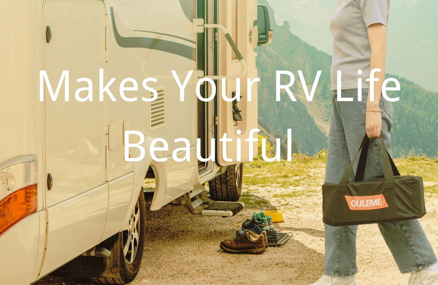 OULEME RV Leveling Blocks, Camper Trailer Leveler, 2 Packs for Travel Trailer Motorhome, Include 2 Curved Leveler Ramp, 2 Chock, 2 Rubber Mat, 1 T Bubble Level, 1 Carry Bag