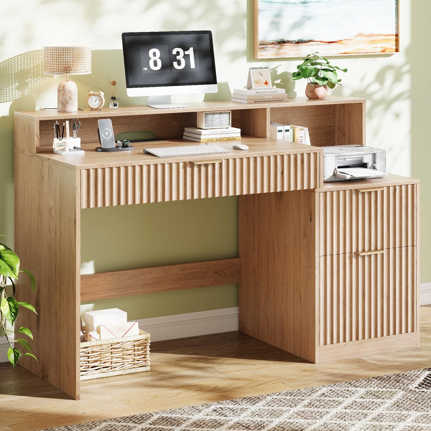 Vabches Fluted Computer Desk with Drawers, Home Office Desk with Power Outlets, Printer Stand and Storage Cabinet, Study Writing Desks with Long Monitor Stand, Oak