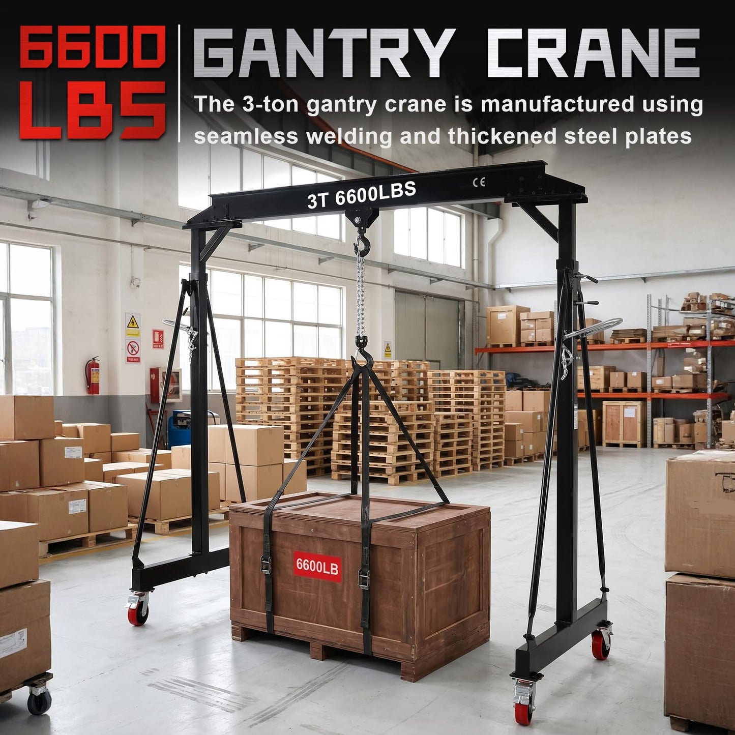 3 Ton 6600 LBS Gantry Crane, Portable Shop Hoist with Wheels, Adjustable Height 8.5-12.5 FT, Heavy Duty Steel I-Beam Gantry Crane with Trolley for Warehouse, Factory, Auto Repair & Construction