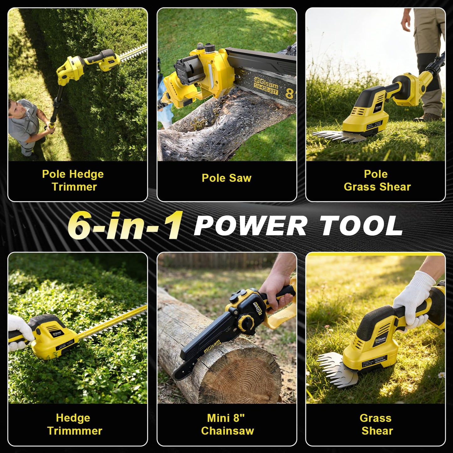 6-IN-1 Cordless Pole Saw & Pole Hedge Trimmer, Dual 4.0Ah Batteries, 8" Brushless Pruning Saw& 16" & 6" Electric Hedge Trimmer Grass Shears, Bush Trimmer, 14.8FT Reach Electric Tree Trimming Kit
