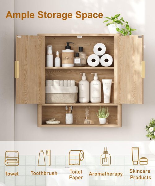 Keehusux 27.6" H Bathroom Wall Storage Cabinet with 2 Fluted Doors, Modern Wall Mounted Bathroom Cabinet with Adjustable Shelf, Curved Profile Medicine Cabinet for Kitchen, Living Room, Natural Oak