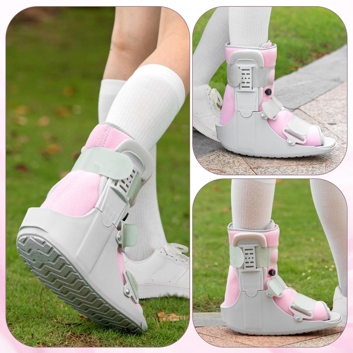 Jewlri Walking Boot for Broken Foot, Air Cam Walker Boot for Foot Injury Adjustable Fracture Support for Sprained Ankle, Grey Shell with Light Pink Lining for Women Medium