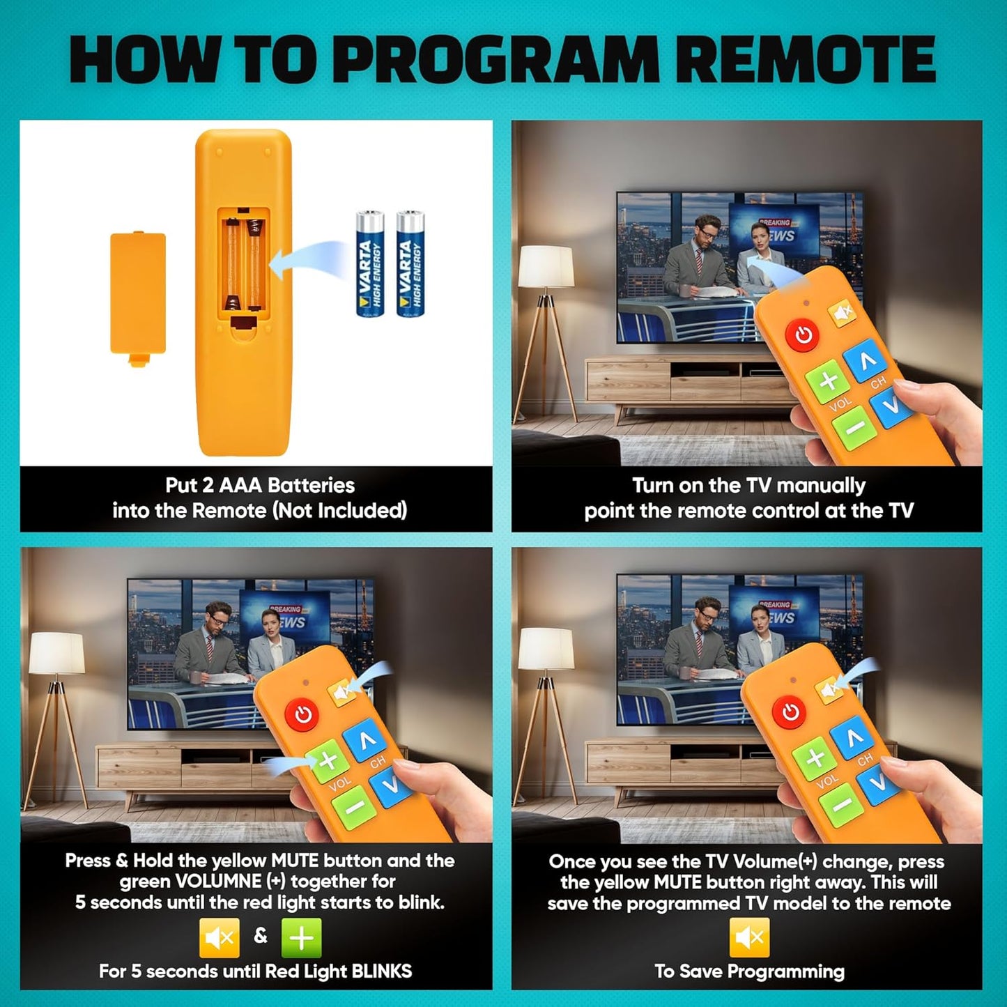 EZClicker (2xAAA TV Remote for Seniors, Extra Simple Big Button Remote (Orange) Works with Major TV Brands, NOT