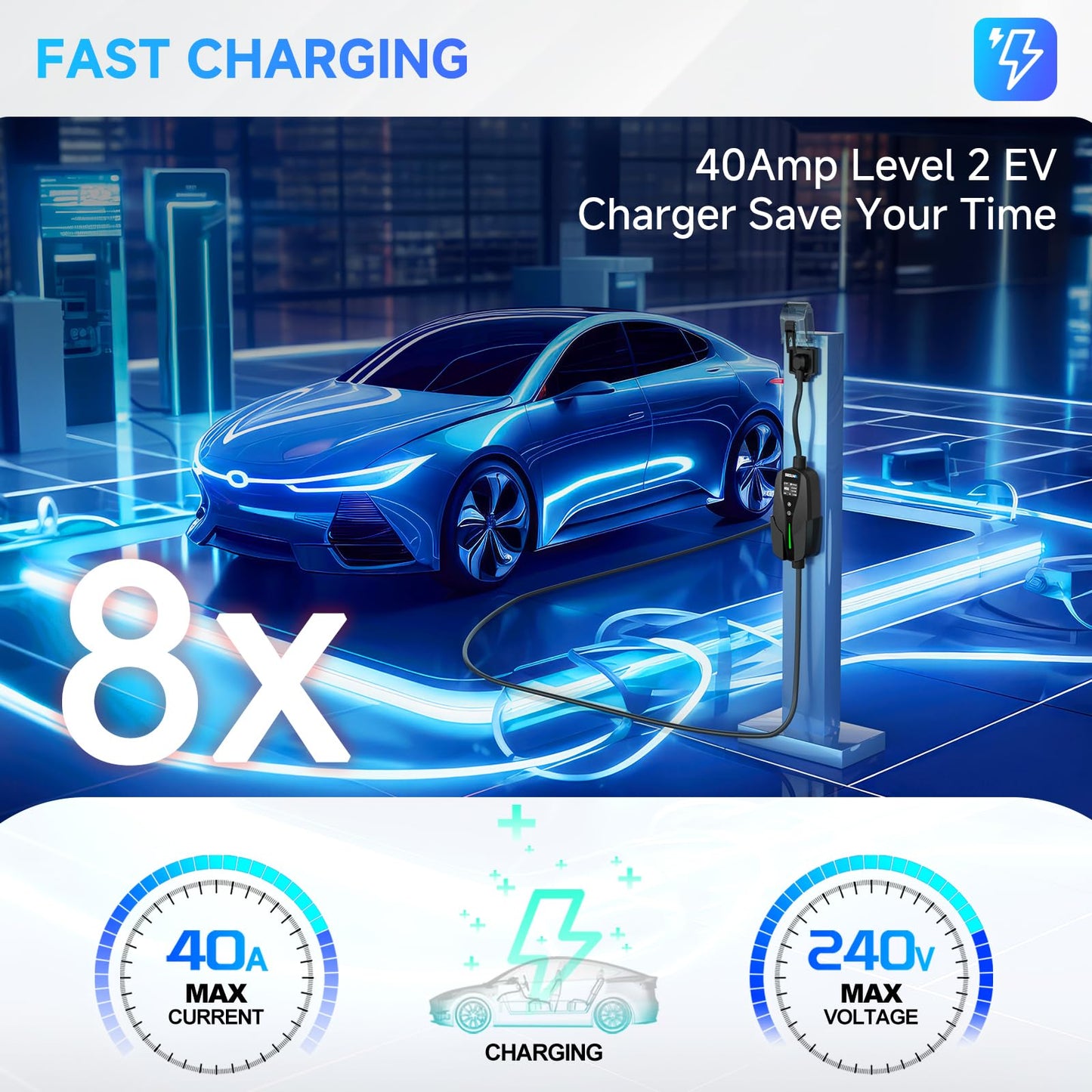 SEGUMA Level 2 EV Charger, 40Amp Electric Car Chargers 25FT Cable with NEMA 14-50 Plug, Adjustable Current, Timing Delay Electric Vehicle Chargers for J1772 BEVs/PHEVs 240V 9.6kW