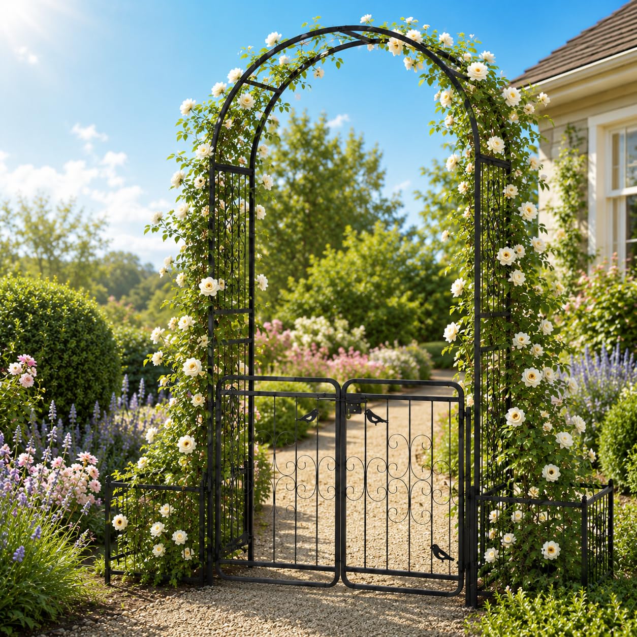 ELOMBR 7.2FT Metal Garden Arch Trellis, Heavy Duty Metal Garden Arbor with Door&Planting Frame for Climbing Plants Outdoor, Double-Layered Trellis Arch for Wedding Ceremony Party, Black, 16mm