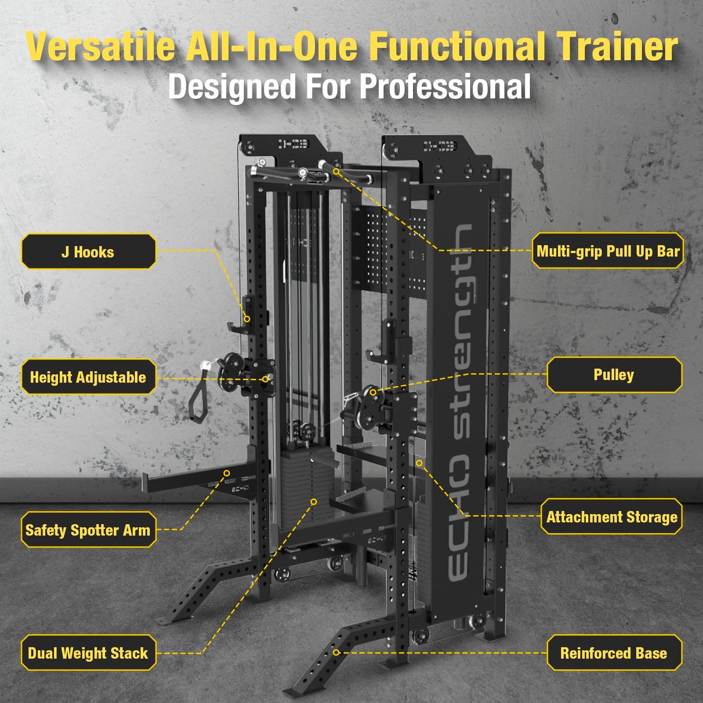 Commercial Functional Trainer Cable Machine with Dual Weight Stacks Power Cage Squat Rack Cable Crossover Exercise Machine with Pulley System All in One Home Gym Systems, Model B