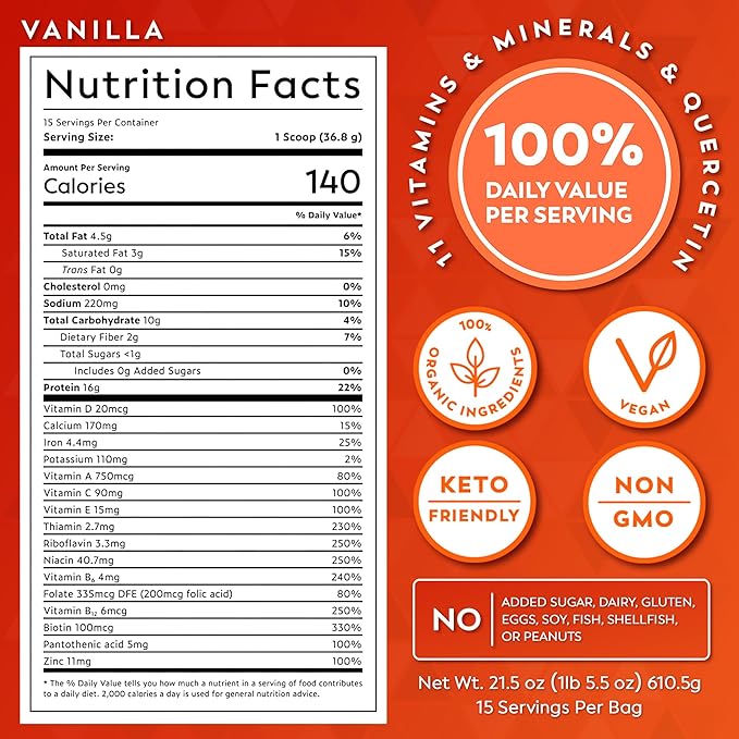 Veeg All-in-One Protein Smoothie Powder - Plant Based Protein Powder, Superfoods, Organic Greens, MCT Powder, Probiotics, Multivitamins for Men & Women, Sugar-Free, 15 Servings (Vanilla)
