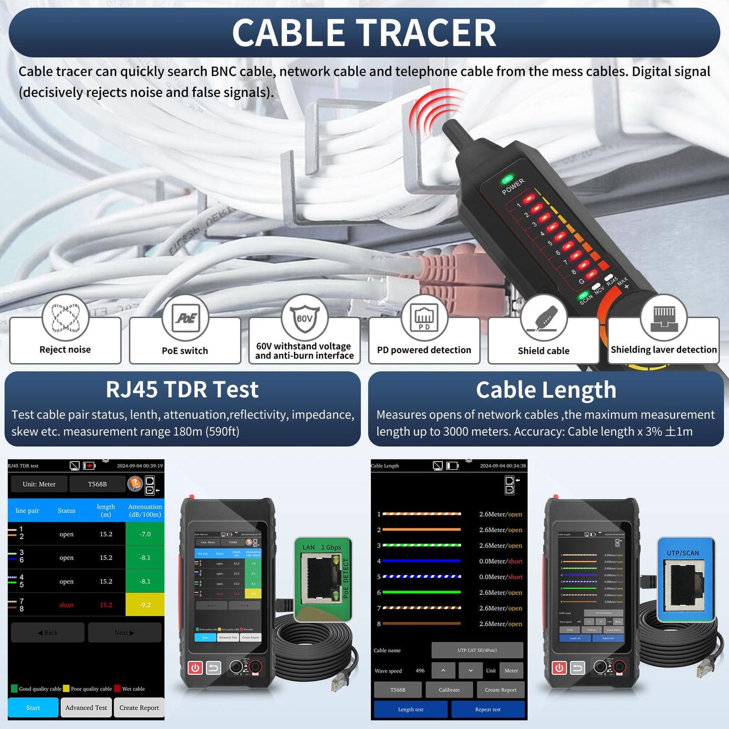 Multifunction Network Caber Tester,UTP Ethernet Cable Tester,Cable Tracer,4" IPS Touch Screen Network Tester Support DMM,OPM,Network Tools,POE++ Detect,RJ45 TDR,Length,FTP,NCV,IP/LLDP/CDP/PD/PPPOE