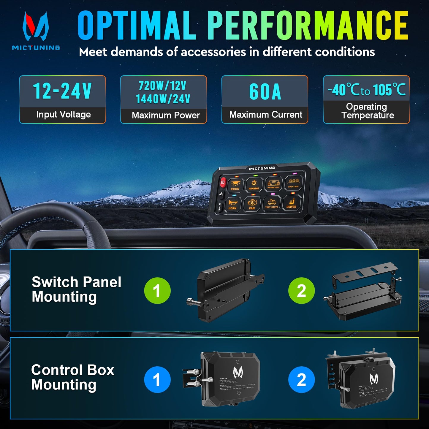 MICTUNING P1C+ RGB 8 Gang Switch Panel, IP67 Waterproof 6 Level Brightness Multifunction Toggle Momentary Flash Strobe Circuit Control Relay System Box for Off Road Truck SUV UTV RV