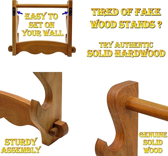 Mythrojan Solid Wood Sword Stand Medieval Sword Wall Mount Samurai Sword Display Stand Katana Sword Holder Gladiator Sword Wall Display Crusader Sword Stand Knife Stand for Display- Two Tier