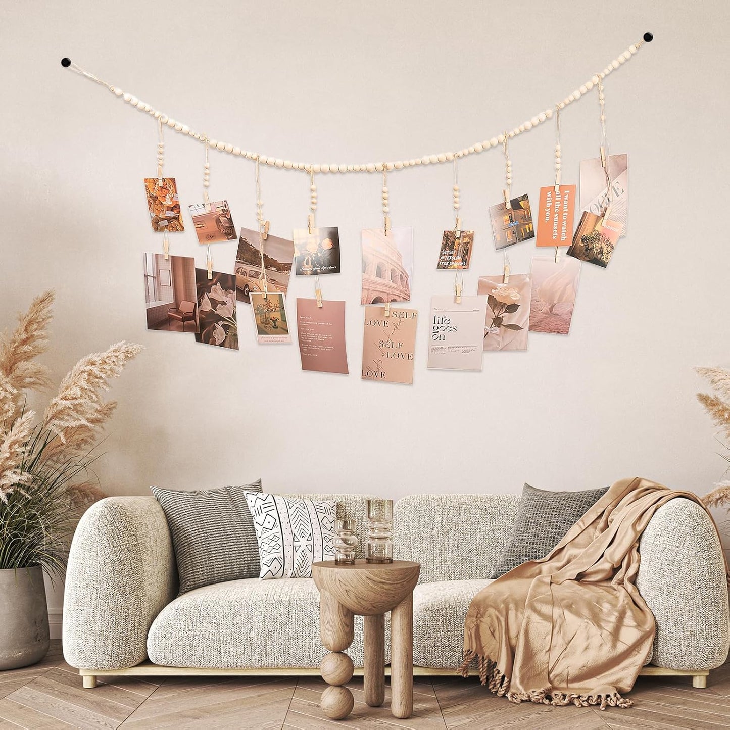 Skiennix Hanging Photo Display - 18 Wooden Clips | Boho Wall Décor for Bedroom & Living Room