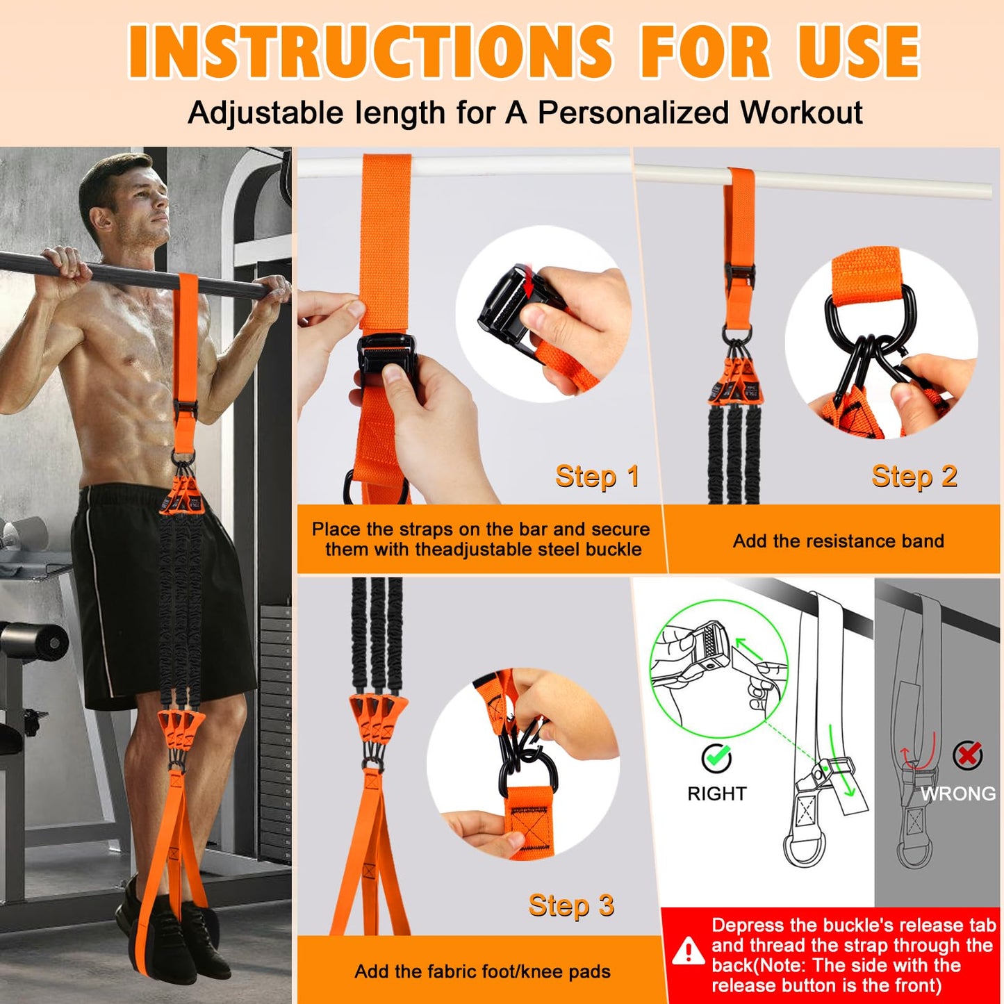 Pull Up Assistance Bands Set,3 Heavy Duty Pull-Up Bar Resistance Bands,Adjustable Weight/Height,Training Equipment with Handle and Foot Rest Unisex for Home & Gym/Muscle/Strength Training（Orange）