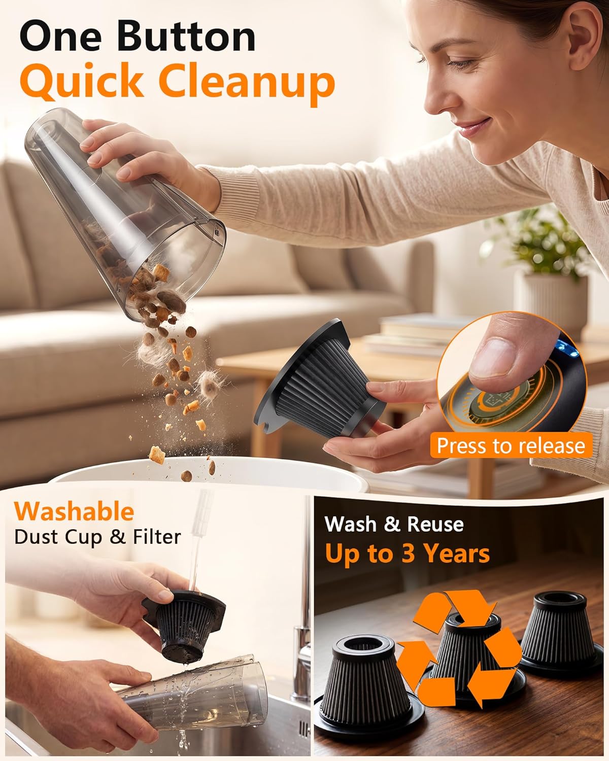PowerSpeed CleanView Portable Handheld Vacuum - 16000Pa Strong Suction & 1000mL Dust Cup | Cordless LED Vacuum for Quick Home Cleaning