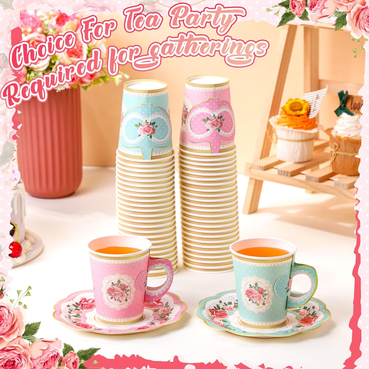 Tioncy 100 Pcs Tea Party Decorations Include 50 Pieces 9 oz Paper Tea Cups with Handle and 50 Plates Disposable Teacups and Saucers Sets for Birthday(Pink and Blue Floral)