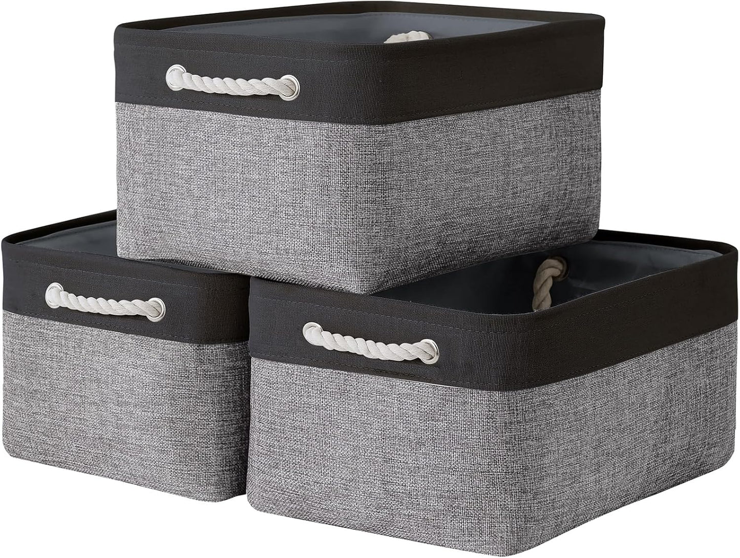 TheWarmHome Collapsible Storage Bins - Large 3-Pack Fabric Organizers with Rope | 16x12x8 Inch (Black & Grey)
