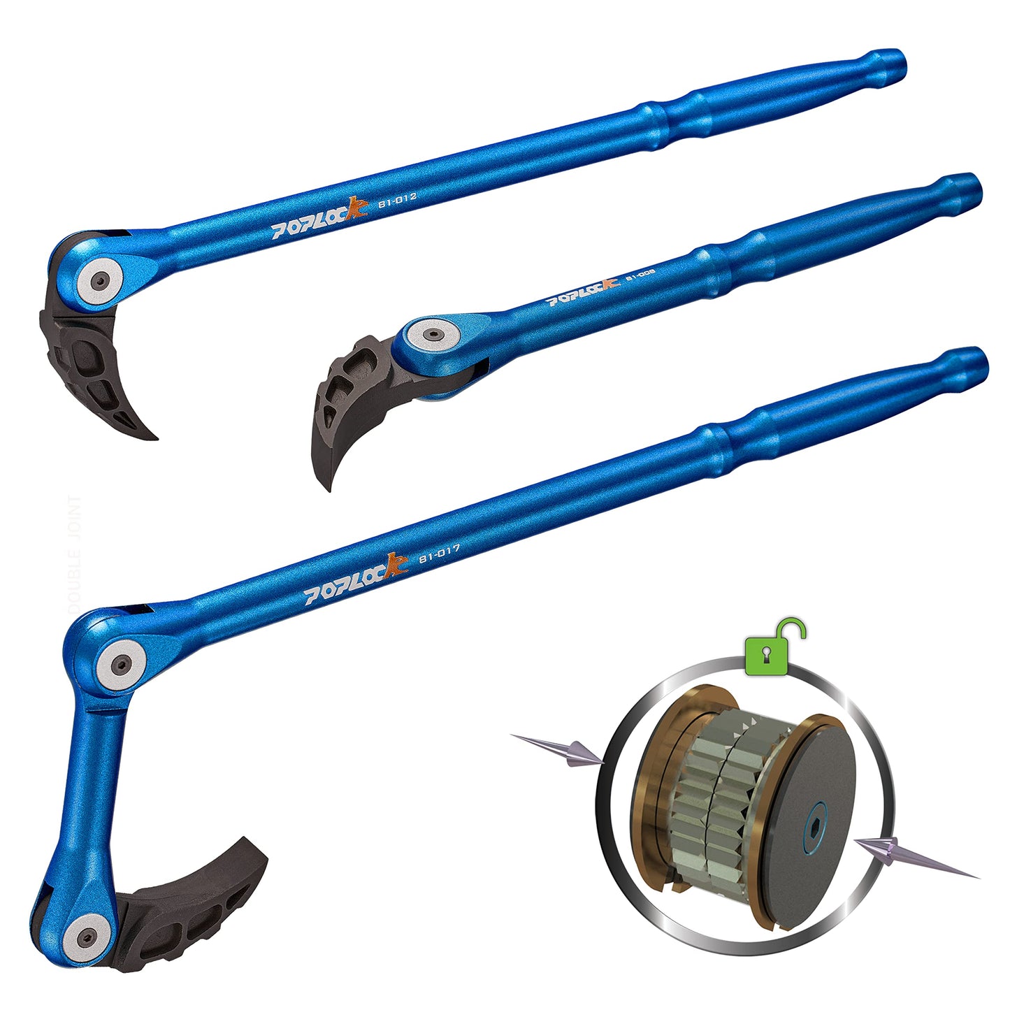 POPLOCK 3-Piece Indexing Pry Bar Set, 8" 12" 17" Adjustable Articulating Mechanic Pry Bars with Double Gear Head for Brake, Wheel Hub, Belt Tensioner, Suspension & Engine Bay Work