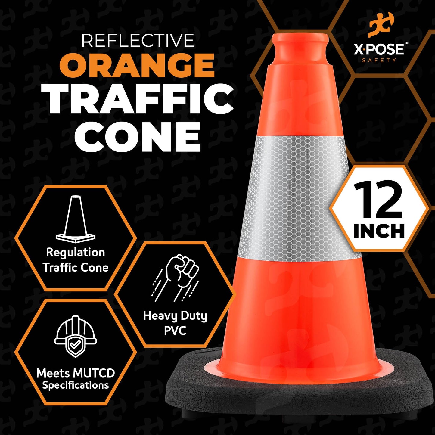 Xpose Safety 12 Inch Orange Traffic Cones with 4" Collar - 24 Pack Multipurpose PVC Plastic Safety Cone for Parking, Soccer, Caution, Kids and Construction - DOT Approved