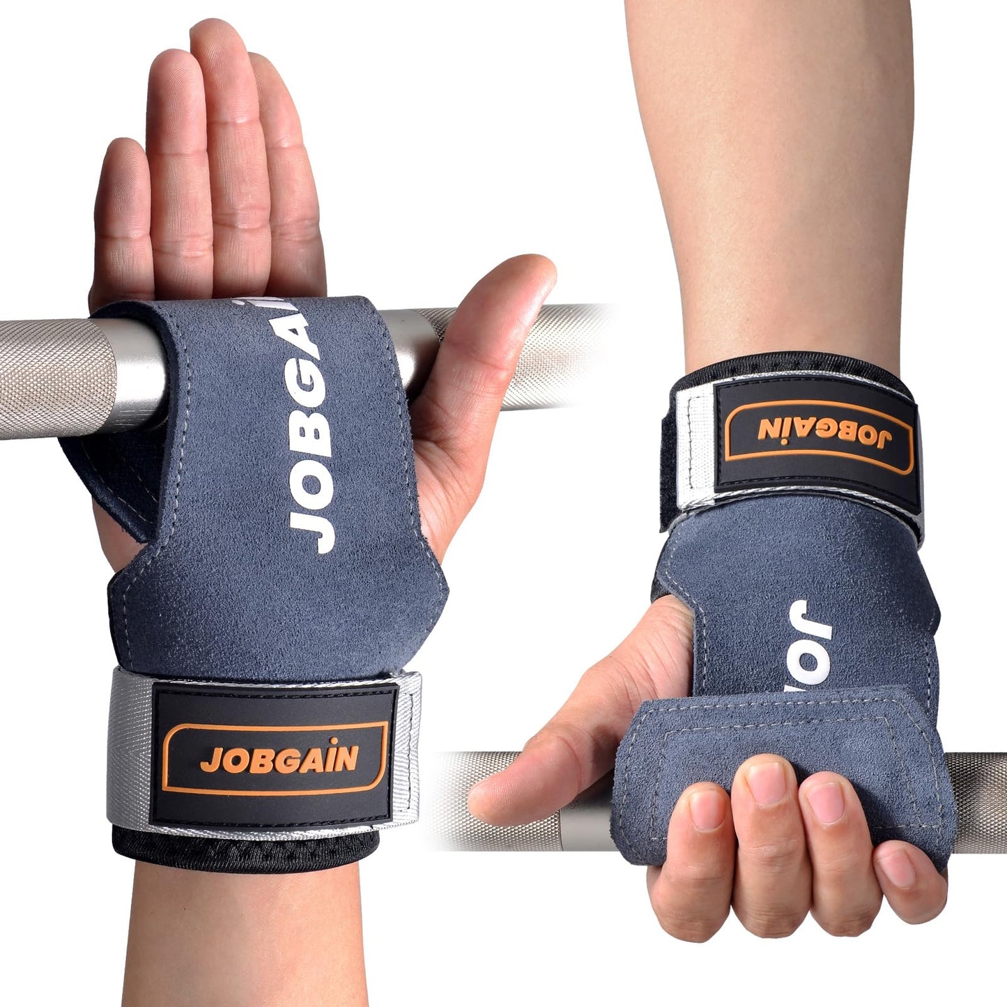 JOBGAIN Weight Lifting Wrist Straps, Double Layer Leather Wrist Strap for Deadlift and Powerlifting, Adjustable Neoprene Padded Wrist Wraps, for Men & Women, 1 Pair, Grey