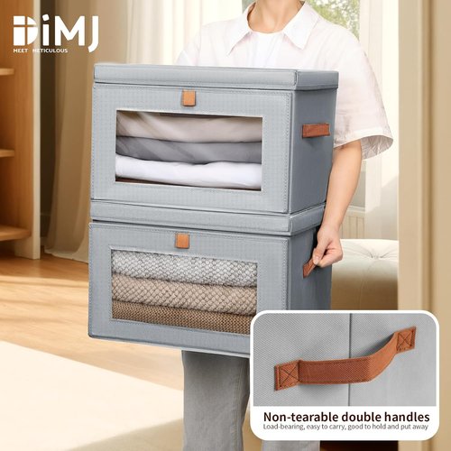 DIMJ Storage Bins - 4 Pack Large Fabric Closet Organizers with Lids & Handles | Collapsible Decorative Storage Boxes for Under Bed & Shelves