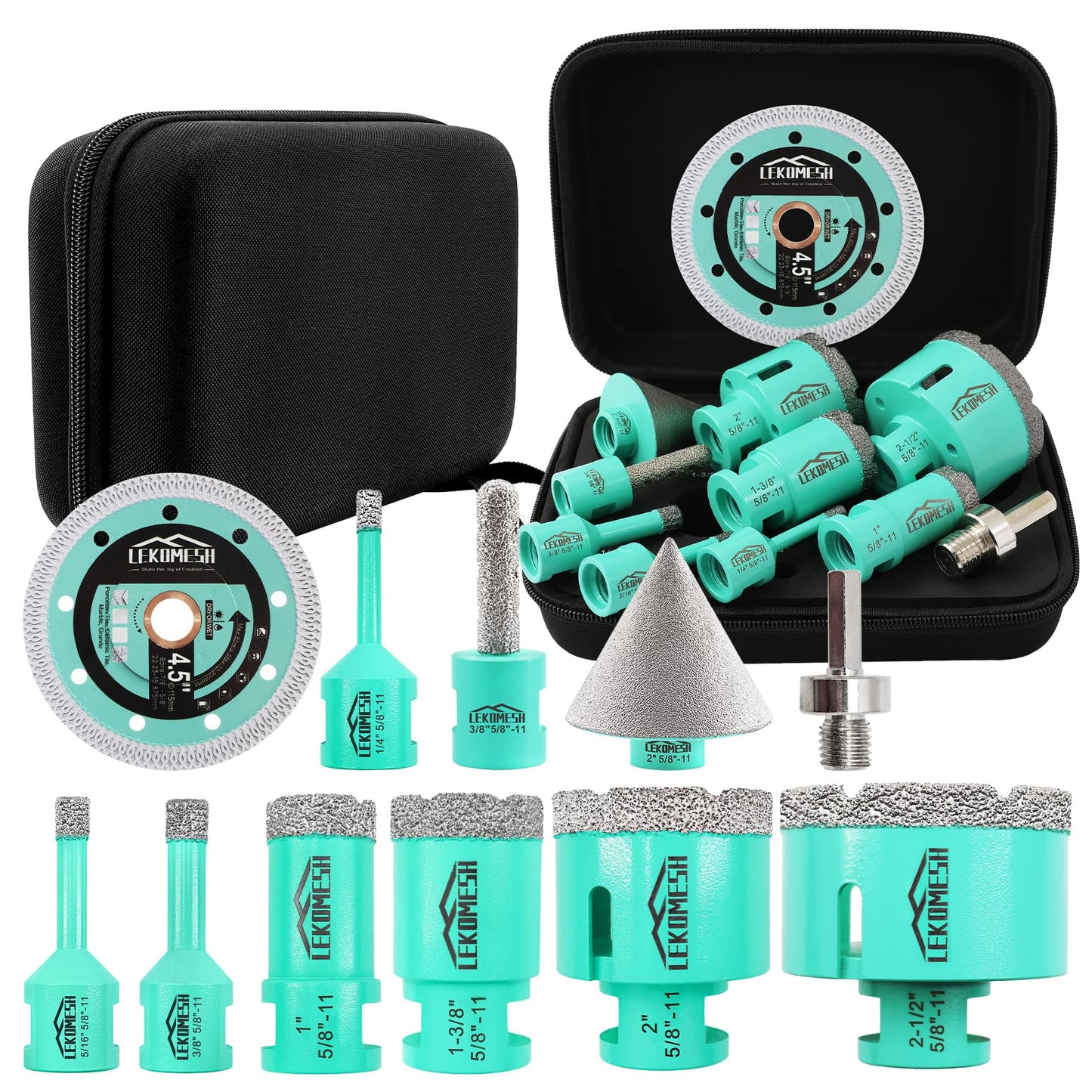 LEKOMESH Tile Hole Saw Kit - (6/8/10/25/35/50/65mm+10mm Finger Bit+50mm Chamfer Bit+Adapter) and 4.5 Inch Diamond Saw Blade Cutting Disc Wheel