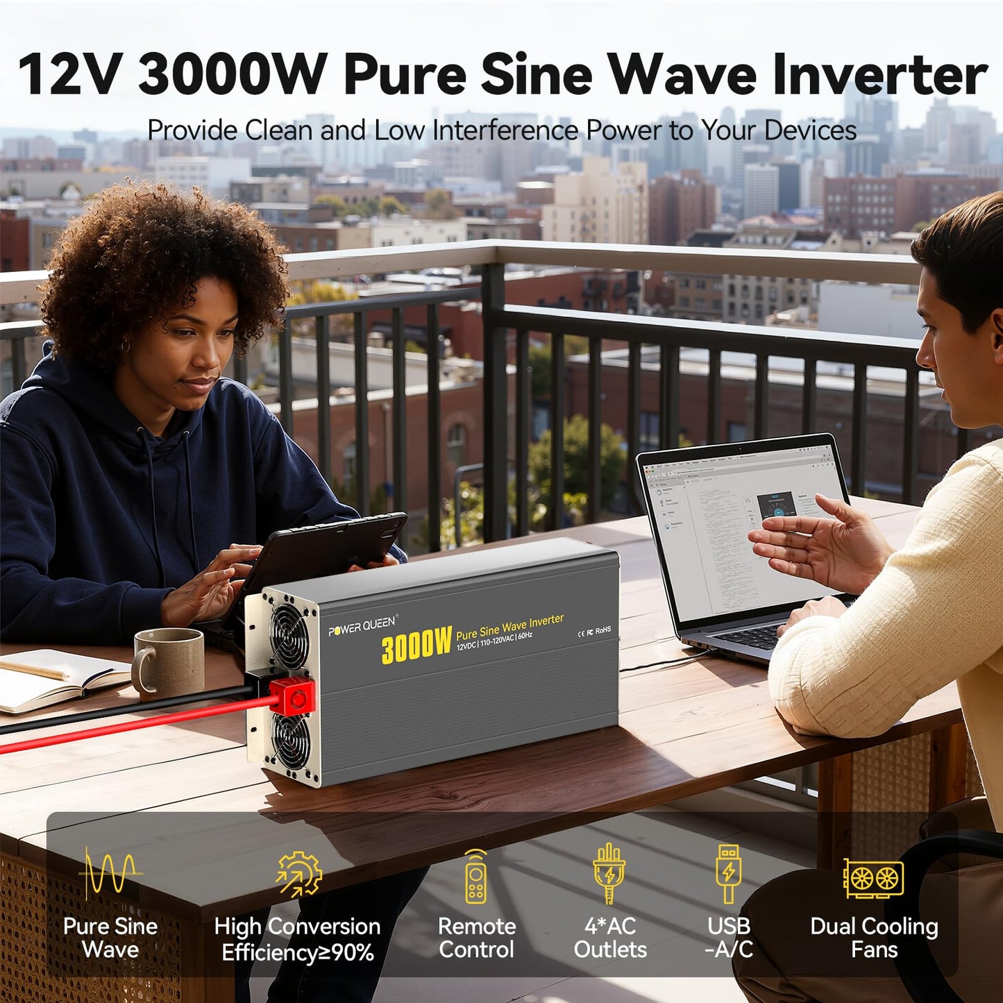 Power Queen 3000W Pure Sine Wave Inverter Charger,Solar Power Inverter 12V DC to 110V-120V AC C onverter with Remote Control,6000W Peak Power，4 AC Outlets USB Type-C for Home RV Off-Grid Solar Power
