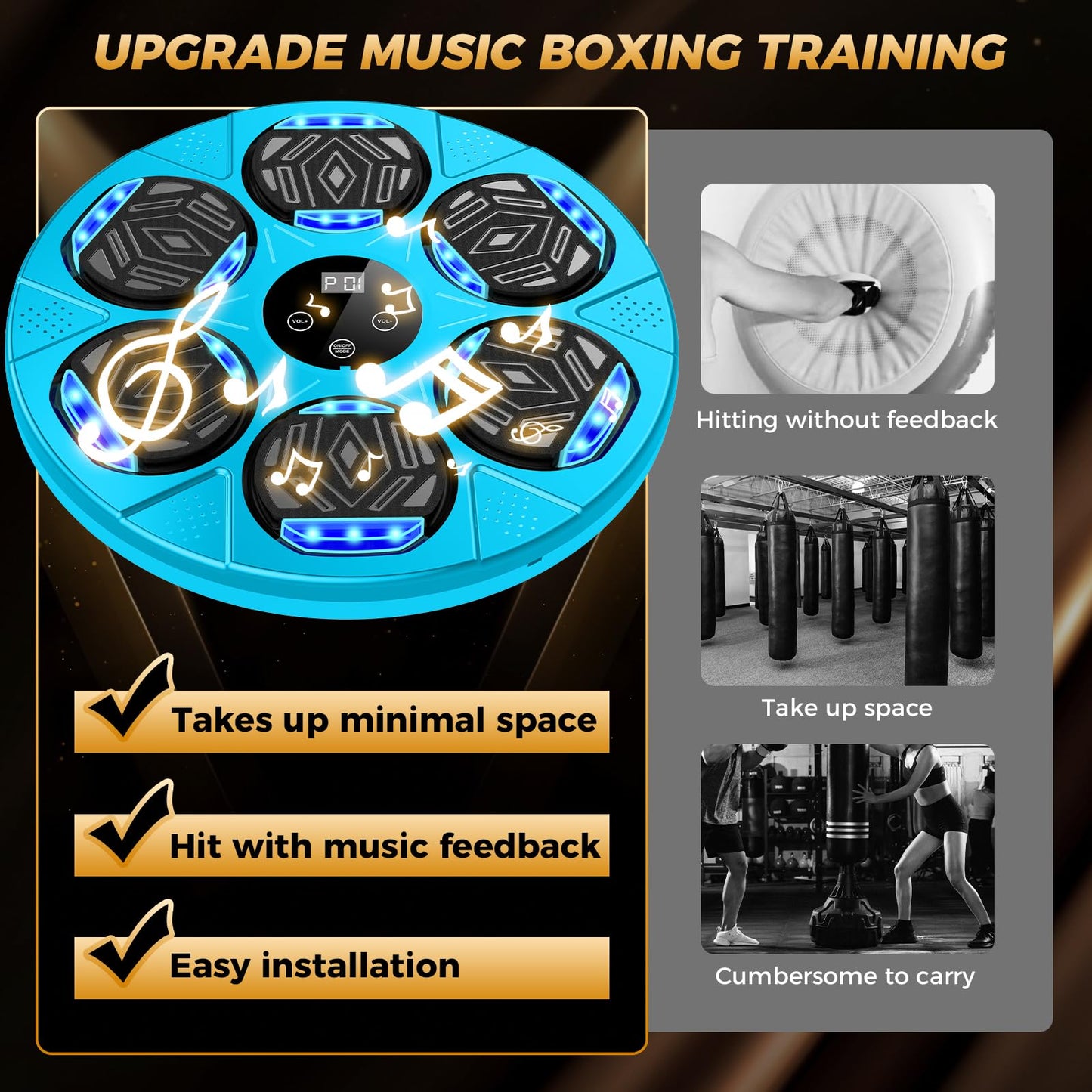 Music Boxing Machine, Wall Mount Punching pad for Kids Adult, Bluetooth Smart Boxing Traineing Machine with Black Gloves, Sport Workout Equipment Target for Home, Office, Gym（Blue