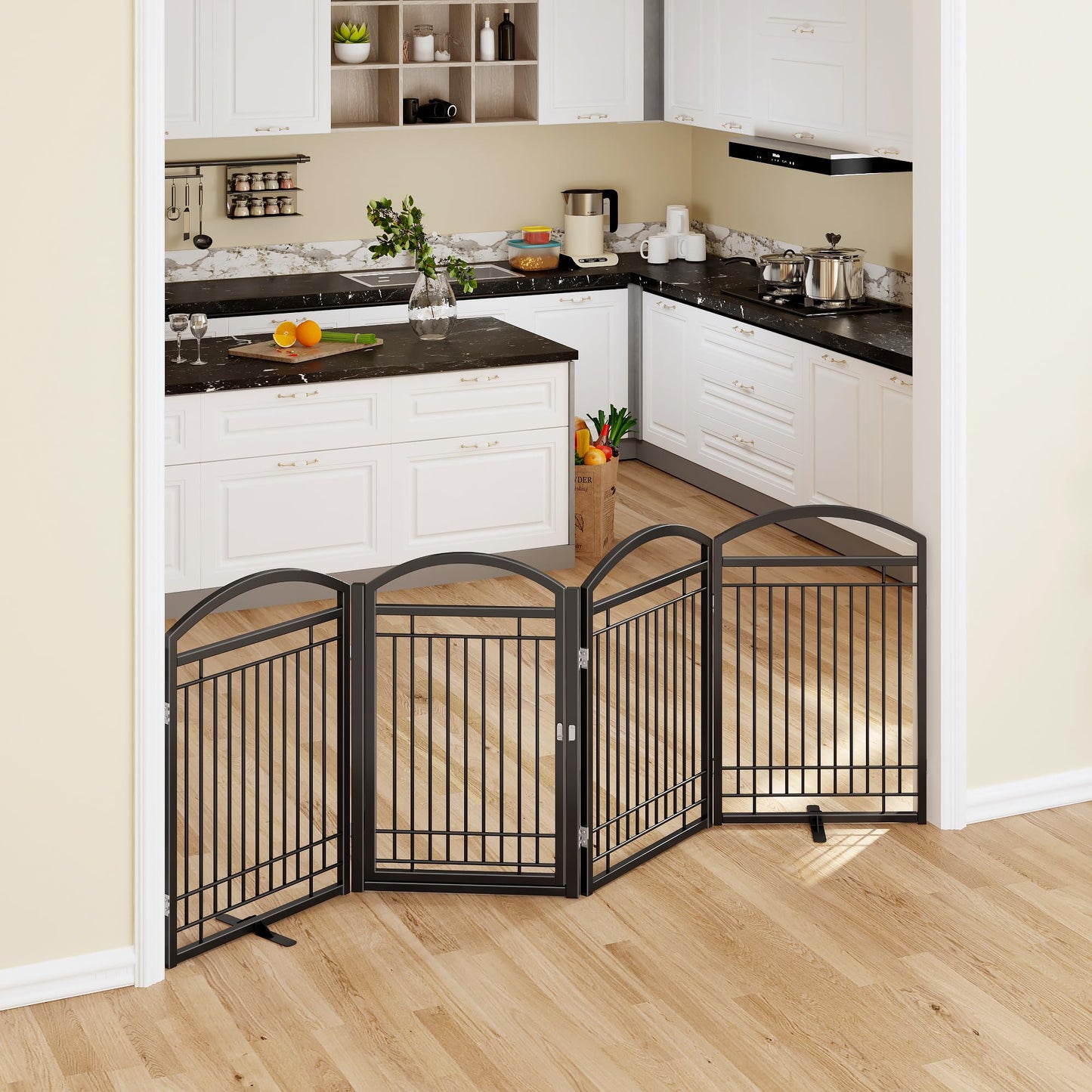 THKKY Folding No-Assembly Metal Freestanding Dog Gate with Door Walk Through,32" Height Pet Fence,96" Extra Wide Accordion Puppy Folding Playpen for Doorways,House,Stairs (4 Panels,Black)