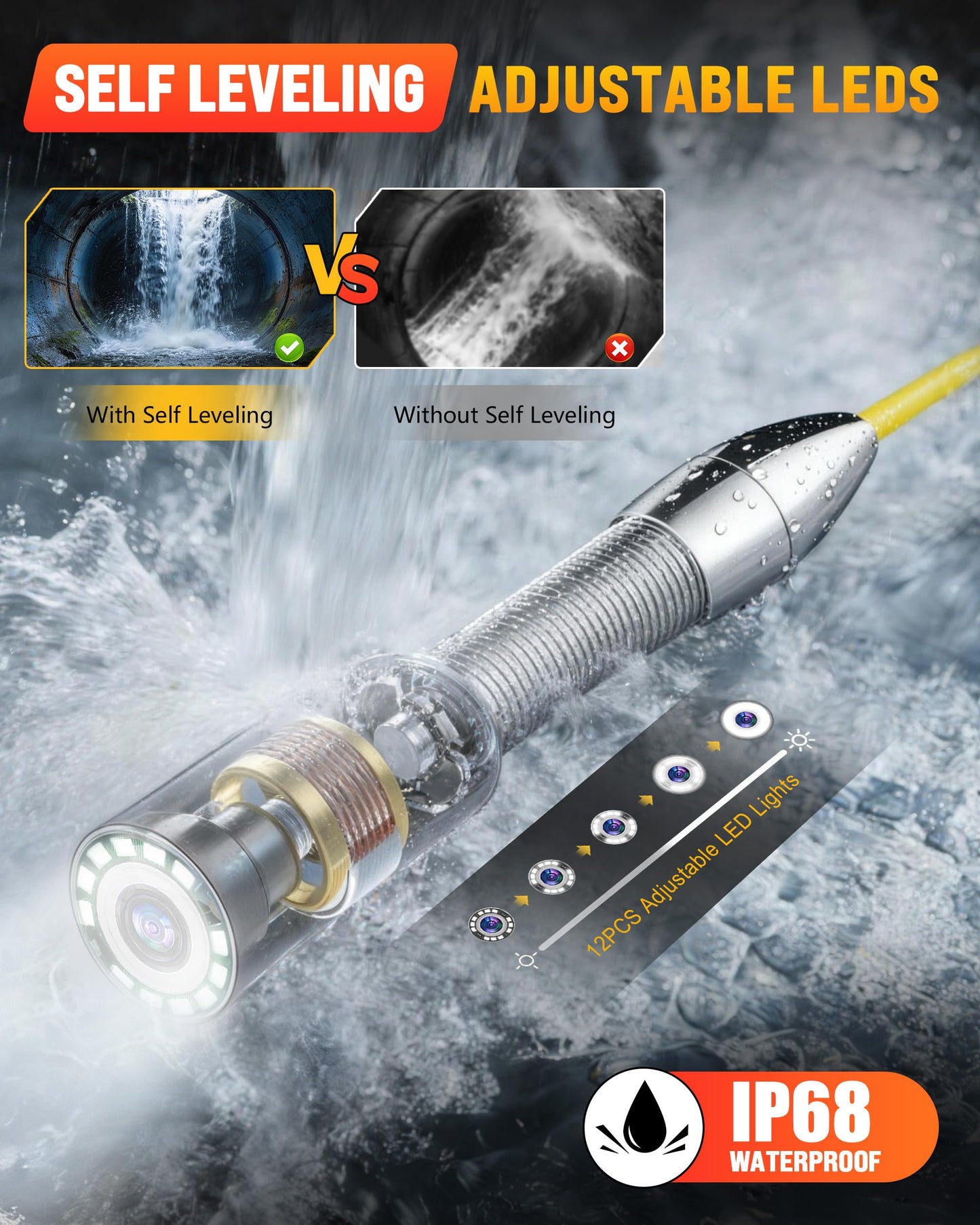 OKK Sewer Camera with 512Hz Locator, Professional 9" Self-Leveling Drain Camera 200ft, Distance Counter, 7mm Cable, Pull Handle, Wheels, IP68 Waterproof, DVR with Mic, 32GB Card, 5100mAh Battery