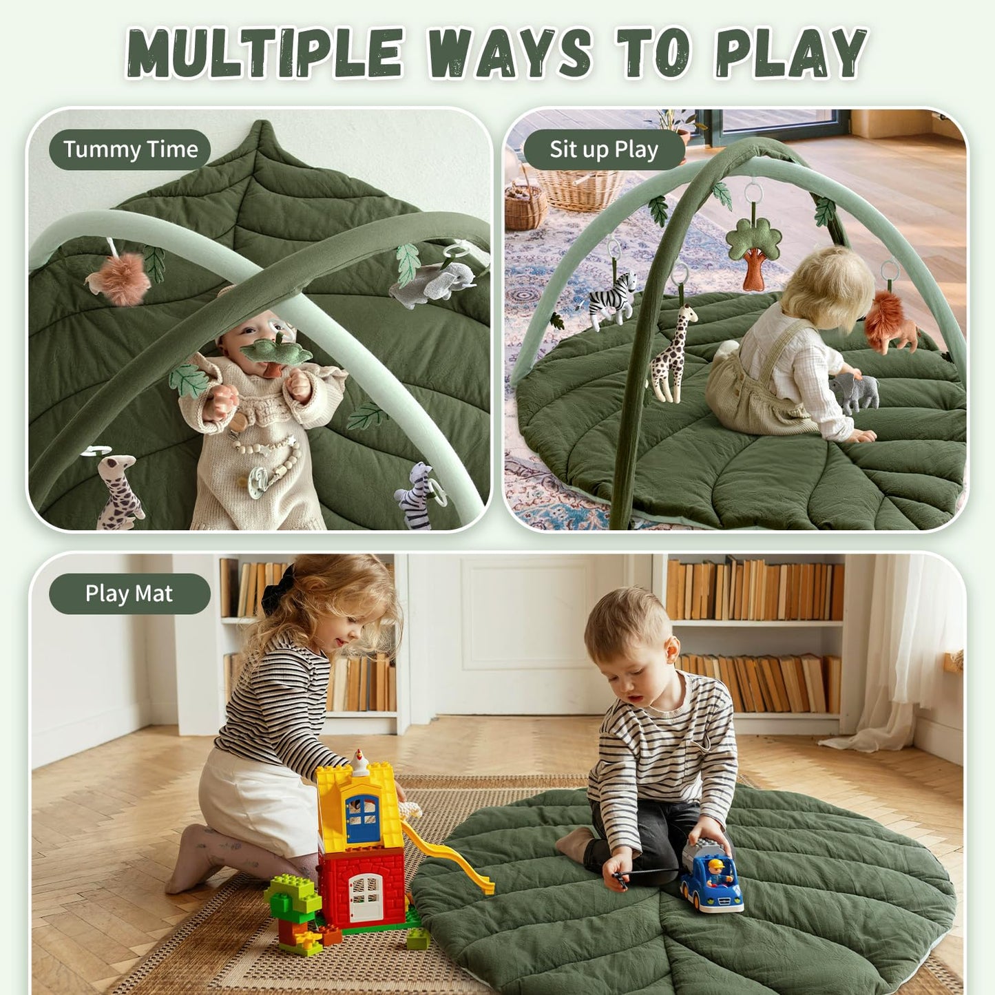Baby Play Gym with Mat Leaf Shaped, Baby Play Mat with 5 Hanging Toys Tummy Time Mat, Baby Gym Activity Center, Washable (Green)