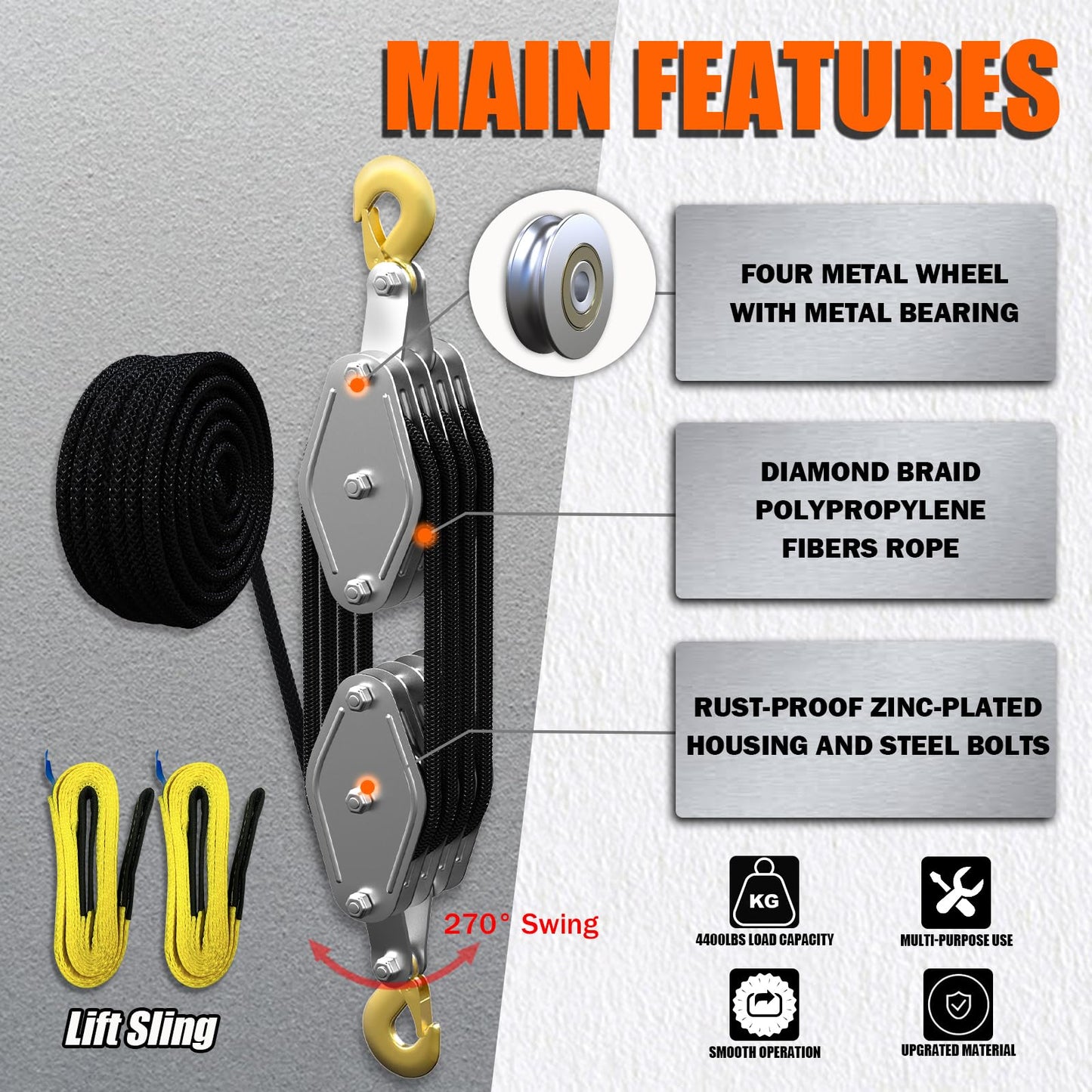 YATOINTO Rope Hoist Pulley System, 4400LB Pulley Block and Tackle, 8:1 Ratio Lifting Power 65ft, Heavy Duty Pulley Block for Lifting Pulling (with 2PCs Straps)