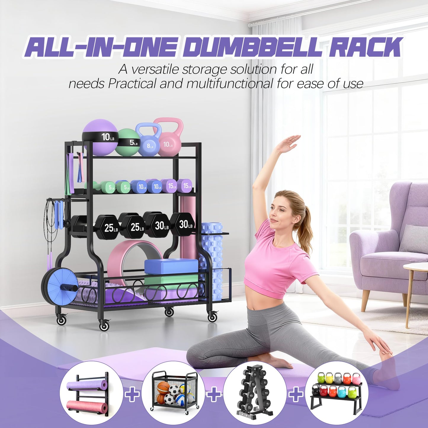 Dumbbell Weight Rack, Home Gym Storage for Kettlebells Yoga Mat and Balls, All in One Workout Storage with Wheels and Hooks, Powder Coated Finish Steel