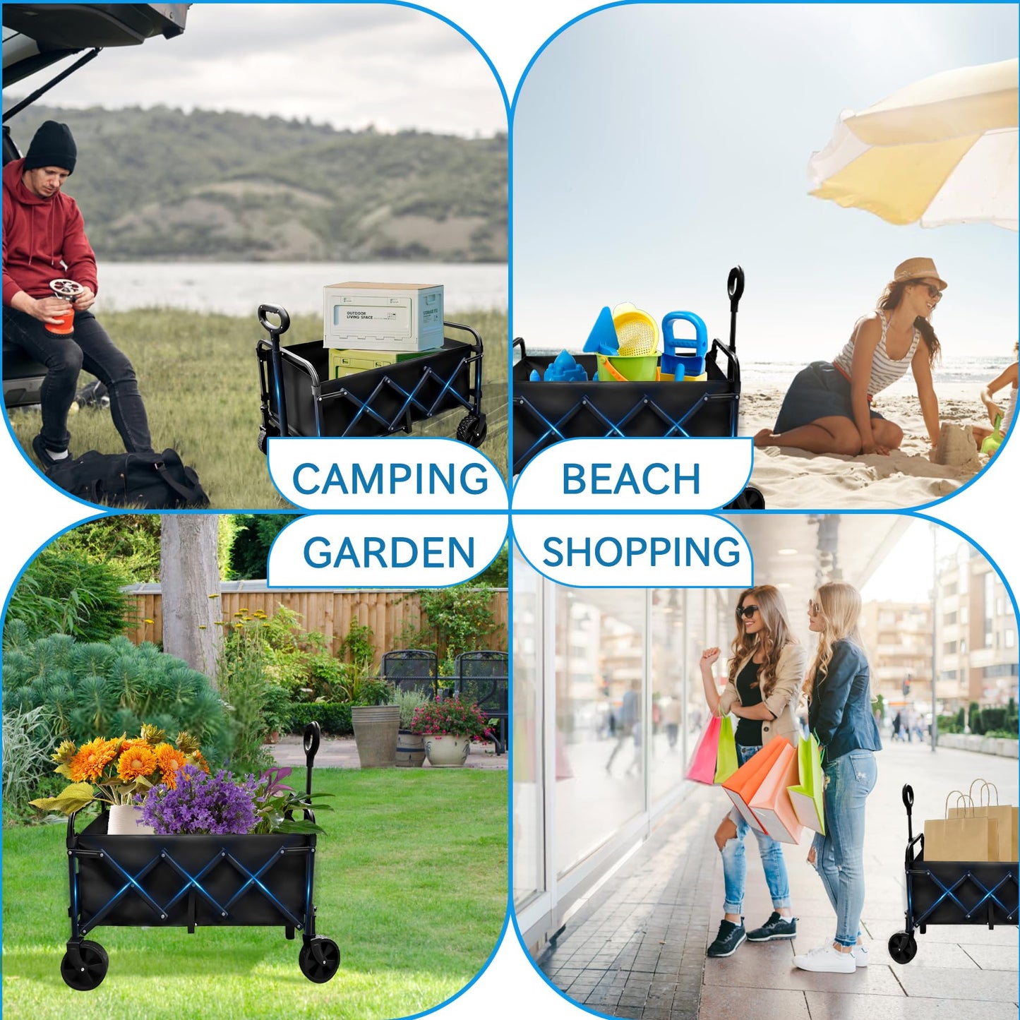Collapsible Wagon with Wheels, 330 lbs Wagons Carts Foldable Wagon Cart, Carbon Steel Frame Structure, Lightweight Portable Folding Utility Grocery Shopping Cart for Grocery Sports Garden Camping
