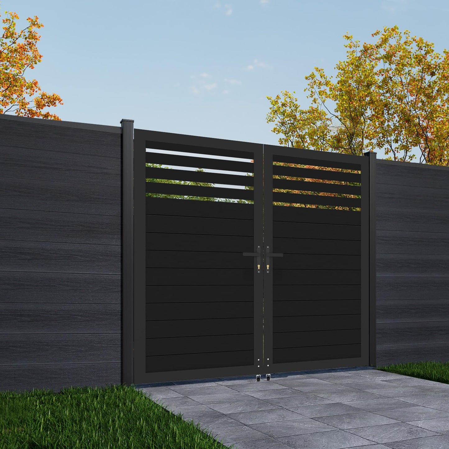 Mondaria Aluminum Double Fence Gate, 6FT H x 6FT W Outdoor Driveway Privacy Gate with Heavy Duty Metal Frame, Rustproof Powder-Coated Gate with Lockable Handle Kit, Semi-Privacy (Posts Not Included)