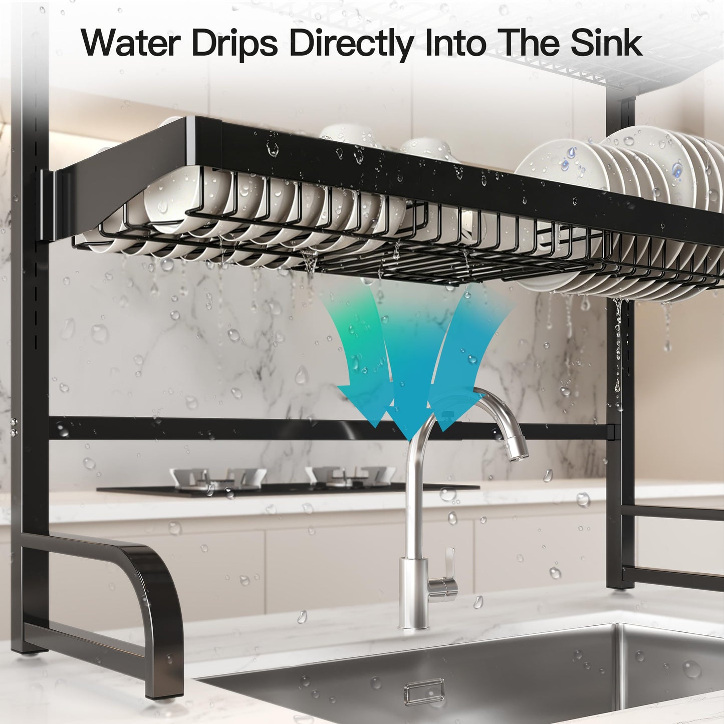 MAJALiS 3 Tier Extra Large Stainless Steel Expandable Over The Sink Dish Drainer Drying Rack, Rust Proof Metal, Space Saving, Modern Black Big Capacity Extendable Plate Strainers Above Counter