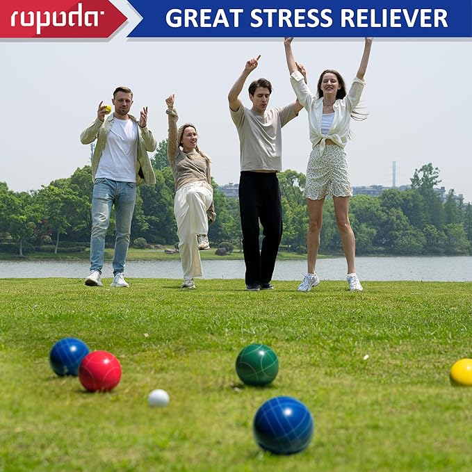 ropoda 100mm Bocce Ball Set Regulation Size and Weight with 8 Resin Bocce Balls, 50 mm Pallino, Carrying Bag, Measuring Rope, Backyard/Lawn/Beach/Outdoor, Bocci Games (Multi Colors, 2-8 Players)
