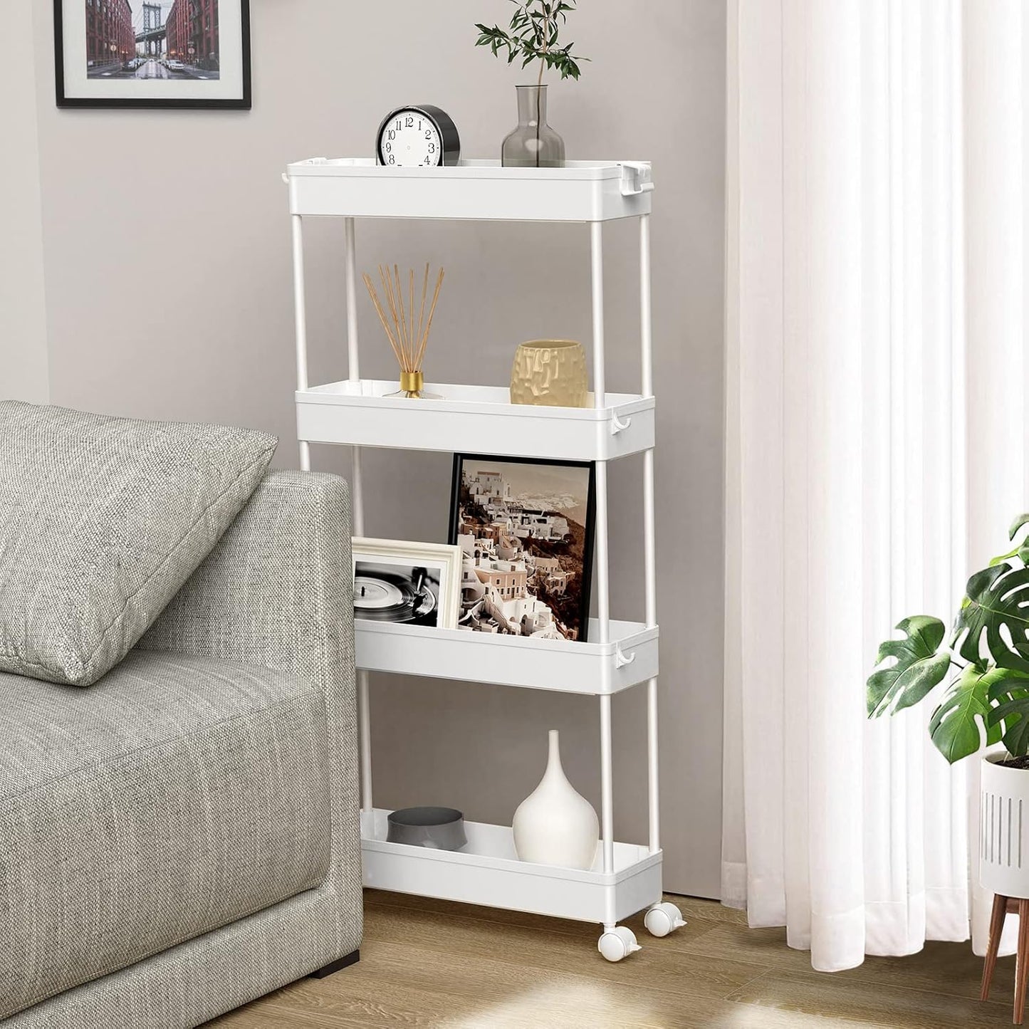 SPACELEAD Slim Storage Cart - 4-Tier Rolling Utility Organizer for Bathroom, Kitchen & Office - White
